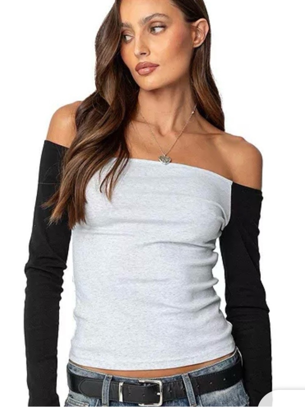 “Edikted” OFF-SHOULDER, contrast, long-sleeve t-shirt; BLACK w/ GRAY, sz. LARGE